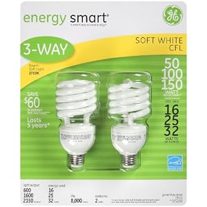 GE 79455 3-Way Soft White Energy Smart 16/25/32 watt (equals 50/100/150 watts) CFL Light Bulbs - 2 Pack