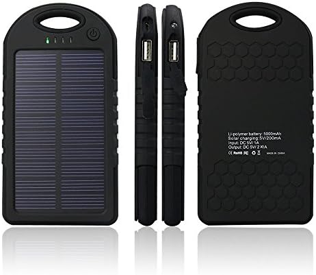 Engadget Zone 5000mAh Solar Battery Panel Dual USB Port Rain-resistant, Dirtproof and Shockproof Portable Charger Backup External Battery Pack Power Bank for iPhone 5S, 5C, 5, iPhone 4S, 4,iPad Air, Mini (Apple Adapters not Included) Samsung Galaxy S5, S4, S3, S2, Note 3, Note 2, HTC New one, M7, Android Smartphone and Tablets, Window Phones and More Other Devices (Black)