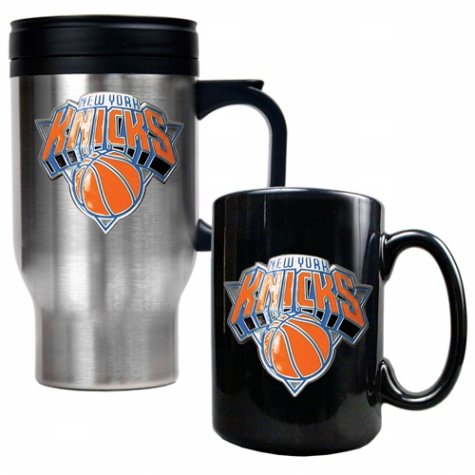 NBA New York Knicks Stainless Steel Travel Mug & Black Ceramic Mug Set - Primary Logo
