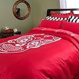 Sin in Linen Embroidered Sugar Skull Red Duvet Cover, Full/ Queen