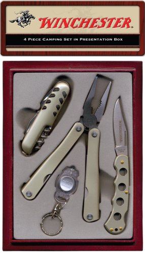 Winchester 22-41283 Camping Set. This four piece set is every campers dream. Knife with cork screw, Multi tool, Folding knife and keychain light.