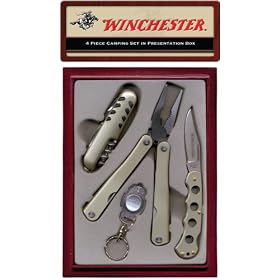 Winchester 22-41283 Camping Set. This four piece set is every campers dream. Knife with cork screw, Multi tool, Folding knife and keychain light.