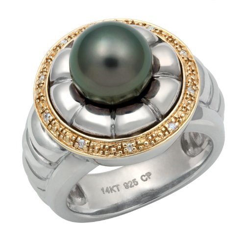 14K Yellow Gold and .925 Sterling Silver Tahitian Black Pearl and Diamond Ring TR-10075-AM