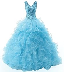 V-neck Lace Beaded  Evening Dress/Prom Dress/Quinceanera Dress/Party Dress/Wedding Dress  With Ruffles