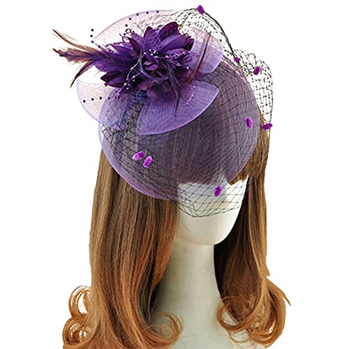 Women's Fascinator Clip Veil Cocktail Tea Party Church Hat Bridal Headpiece Purple