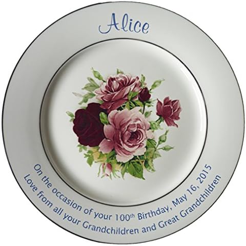 Personalized Bone China Commemorative Plate For A 100th Birthday - Summertime Design With 2 Gold Bands