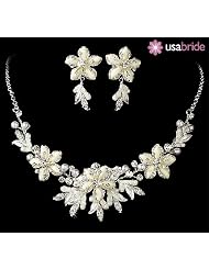 Bridal Jewelry, Floral Rhinestone Necklace & Earring Set for Weddings 538 by USABride