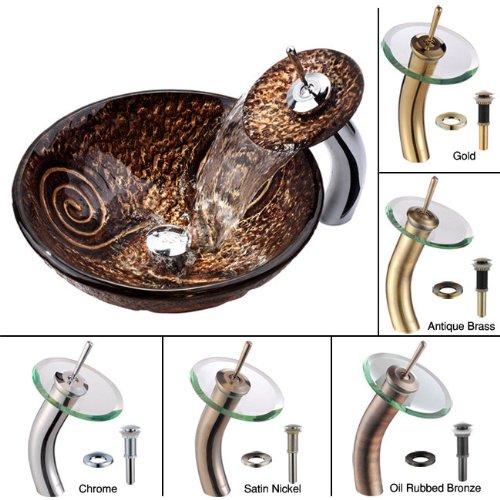 Kraus C-GV-650-19mm-10ORB Luna Glass Vessel Sink and Waterfall Faucet, Oil Rubbed Bronze