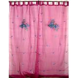 2 Pink Indian Peacock Sari Curtains Window Decor Panels by NovaHaat