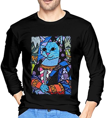 Mens Funny Cat Mona Lisa Leonardo Da Vinci T-shirts Long Sleeve Black