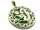 Green Jade Dragon's Fury Pendant with Greek Key Bezel, 14k Gold