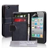 Yousave Accessories Nuovo Qualit� Nero Cuoio Portafoglio Custodia Per Apple iPhone 4S Siri 4S 4th Generazione Con Libero Schermo Pellicola Protezionedi Yousave
