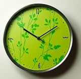 Contemporary Wall Clock - Decorative Clock with Bright Green Clock Face, Black Numbers and Green Floral Design