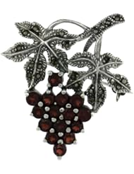 Sterling Silver Marcasite Grape Cluster Brooch Pin w/ Round Garnet Stones, 1 9/16 in. (40mm) tall