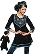 Black Kurti crushed georgette with ribbon worked neckline and lace borders.