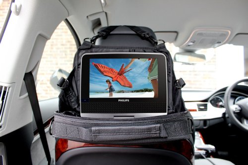 Storage bag and straps to secure front seats for in car use of portable DVD players from Philips