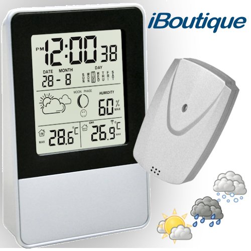 iBoutique Precision Wireless Weather Station with Alarm & Snooze Function, Indoor & Outdoor Temperature, Indoor & Comfort Humidity Sensors, Moon Phase, Clock, Calendar & Alarm Display etc.
