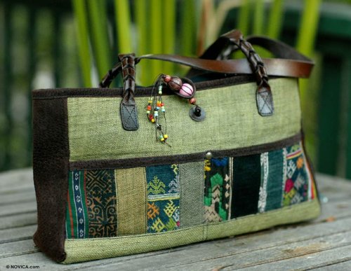 Leather and cotton handbag Forest Green