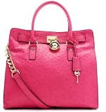 Michael Kors Hamilton Ostrich Embossed Leather Large NS Tote Purse Bag Satchel in Zinnia Pink