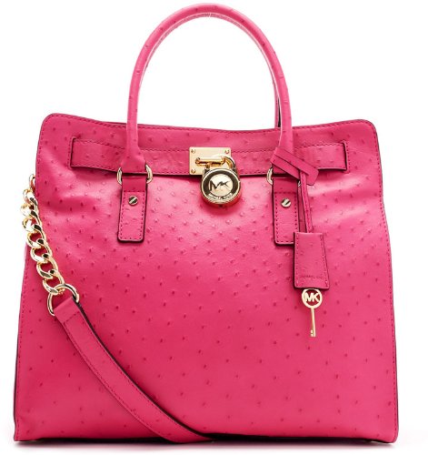 Michael Kors Hamilton Ostrich Embossed Leather Large NS Tote Purse Bag Satchel in Zinnia Pink