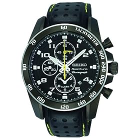 Seiko Sportura Chronograph Black Leather Strap Gents Watch SNAE67P1