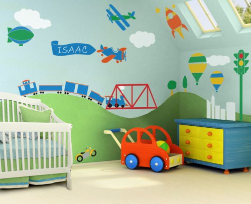 Kids / Nursery Wall Mural Self-adhesive Stencil Kit – Boys Room Transportation Theme – Trains, Airplanes, Cars and More