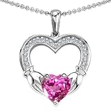 CANDYGEM 14k White Gold Plated 925 Sterling Silver Hands Holding Heart Celtic Love 1inch. Claddagh Pendant with a Large 2 cts. Lab Created Pink Sapphire. Free 18inch Gold Plated Silver Chain. Free High End Gift Box. From the Celtic Love collection by Kelly.