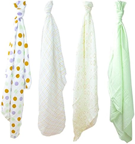 100% Cotton Baby Girls Breathable Muslin Blanket Towel Swaddle Wrap, Green White 4 pcs