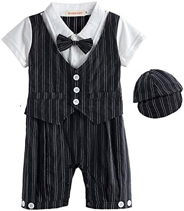 Yobe Baby Boys' Gentleman Romper Suit Set with Bow Tie and Hat (6-12 Months, Black)
