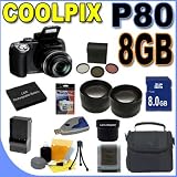 Nikon Coolpix P80 10.1MP 18x Optical Zoom Digital Camera 26114 8GB SDHC Memory Card - Extra Rechargeable Battery - Wide Angle & 2x Telephoto Lenses - 3pc. Filter Kit - BigVALUEInc Accessory Saver Bundle + MORE