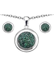 Original Star K (tm) Simulated Emerald Round Puffed Pendant Box Set with matching earrings in 925 Sterling Silver