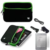 Black with Green Trim Slim Protective Soft Neoprene Cover Carrying Case Sleeve with Extra Pocket // Fits Anywhere// for Amazon Kindle Touch (Wi-Fi, 6 E ink Display) + a USB Car Charger + a USB Home Charger + a USB Data/Sync Cable