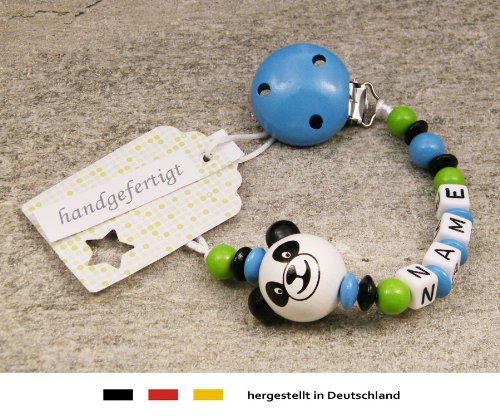 Baby SCHNULLERKETTE mit NAMEN | Schnullerhalter mit Wunschnamen – Mädchen Motiv Panda Bär in sky blau