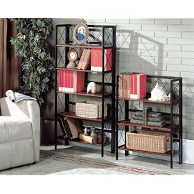 3 Tier And 5 Tier Black Walnut Wood and Black Metal Folding Bookcase