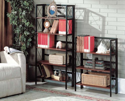 3 Tier And 5 Tier Black / Walnut Wood & Black Metal Folding Bookcase