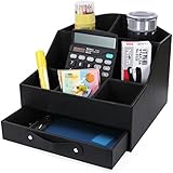 Songmics Desk Organizer Office Supplies with Drawer Stationery Remote Holder Black Leather UBGS22B