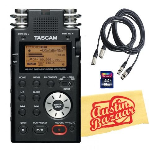 Tascam DR-100 Portable Digital Recorder Bundle with Two 10-Foot XLR Cables, 16GB SD Card, and Polishing Cloth