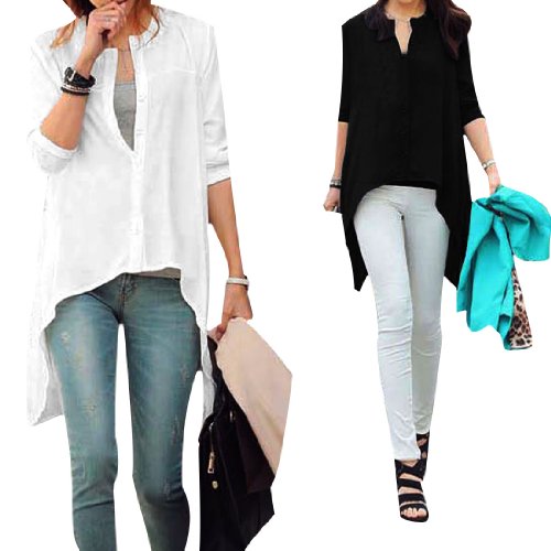 Allegra K Ladies Long Sleeves Patchwork Single Breasted Irregular Hem Blouse