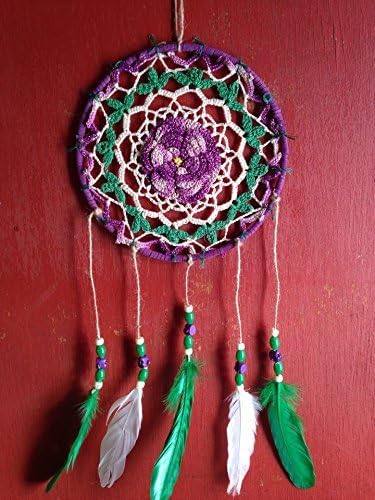 8x20in Purple and Green Flower Doily Dreamcatcher with Matching Feathers and Beads