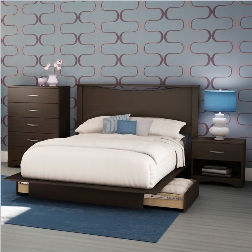South Shore Back Bay Dark Chocolate Queen Wood Storage Platform Bed 3 Piece Bedroom Set