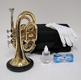RUGERI B FLAT GOLD LACQUER - PLATED POCKET TRUMPET WITH CARRYING CASE + MOUTHPIECE + VALVE OIL + GLOVES