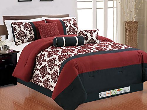7-Pc Felt Classic Damask Floral Striped Comforter Set Burgundy Red Black Beige Vampire King