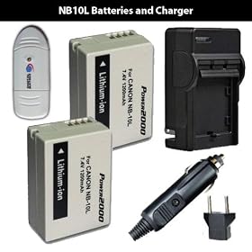2 Pack Power2000 NB-10L Batteries and Charger (Includes 2-1200mAh batteries and pocket Charger) for Canon Canon SX40 SX40HS, Canon PowerShot G1 X