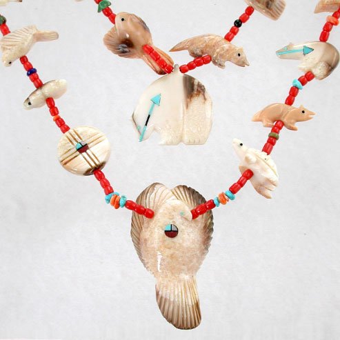 Coral and Fossilized Ivory Animal Fetish Necklace by Georgianna Quandelacy, #671