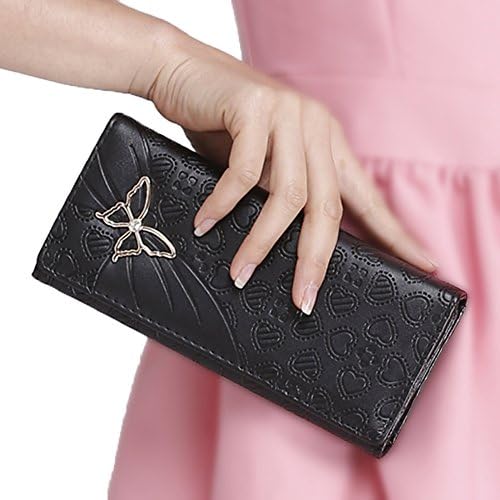 Womens Wallet Heart Pattern PU Leather Made Fashion Purse Butterfly Buckle Flap Open Wallet