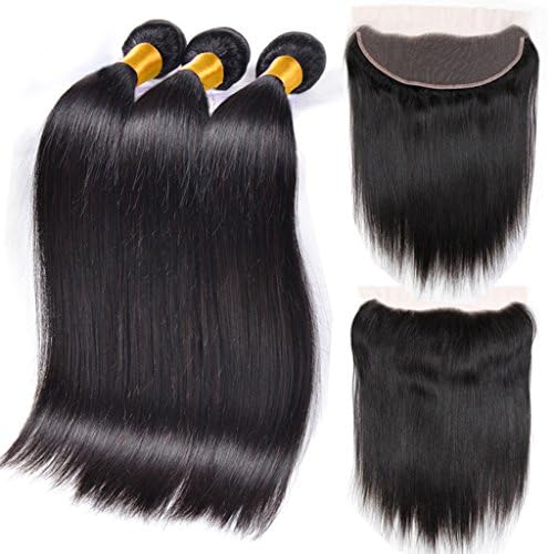 Wigshow 3 Bundles Silky Straight Virgin Brazilian Human Hair Weave with 13x4 Lace Frontal Closure Bleached Knots With Baby Hair 18 18 18 With 18