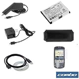 Standard Lithium-ion Battery + Rapid Car Charger + Home Travel Charger + USB Data Cable + Clear Reusable LCD Screen Protector + Black Horizontal Large Slim Leather Case with Belt Clip for Sprint Palm Treo 800w Smartphone