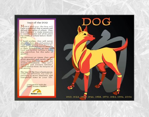 Asian Oriental Chinese Zodiac Poster Year of the Dog: Birth Years 1922 1934 1946 1958 1970 1982 1994 2006 2018