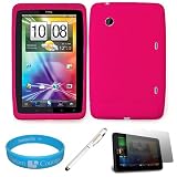 Hot Pink Premium Soft Silicone Skin Cover for HTC Flyer Tablet also compatible with Sprint HTC EVO View 4G Android Tablet + Scratch Guard Clear Screen Protector +Executive White Stylus Pen with Laser Pointer and LED Light + SumacLife TM Wisdom*Courage Wristband