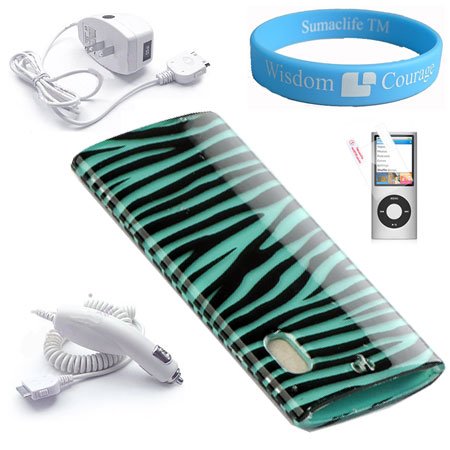Apple Ipod Nano 8GB 4GB 5th generation Green Zebra Snapon Carrying case + Screen Protector + Ipod Nano Car Charger + Wall Charger + Wristband